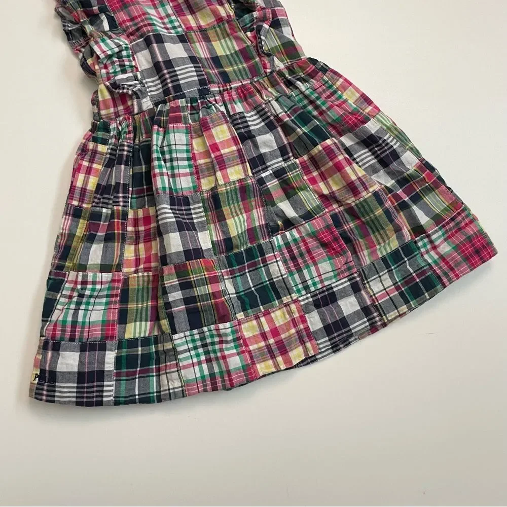 Ralph Lauren Dress Madras Plaid Ruffle Lined Cotton Sleeveless Blue Pink Green